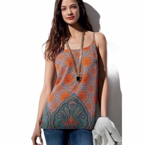 CAbi Arabesque Filagree Patterned Cami Tank M Orange Teal Blue Taupe - Picture 1 of 11